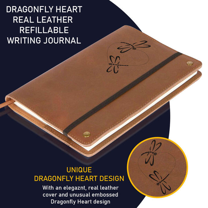 The Dragonfly Heart - Real Leather Journal | Elastic Strap | 200 Lined Pages, 6 x 8.5 Inches | Diary, Leather Notebook Journals for Writing