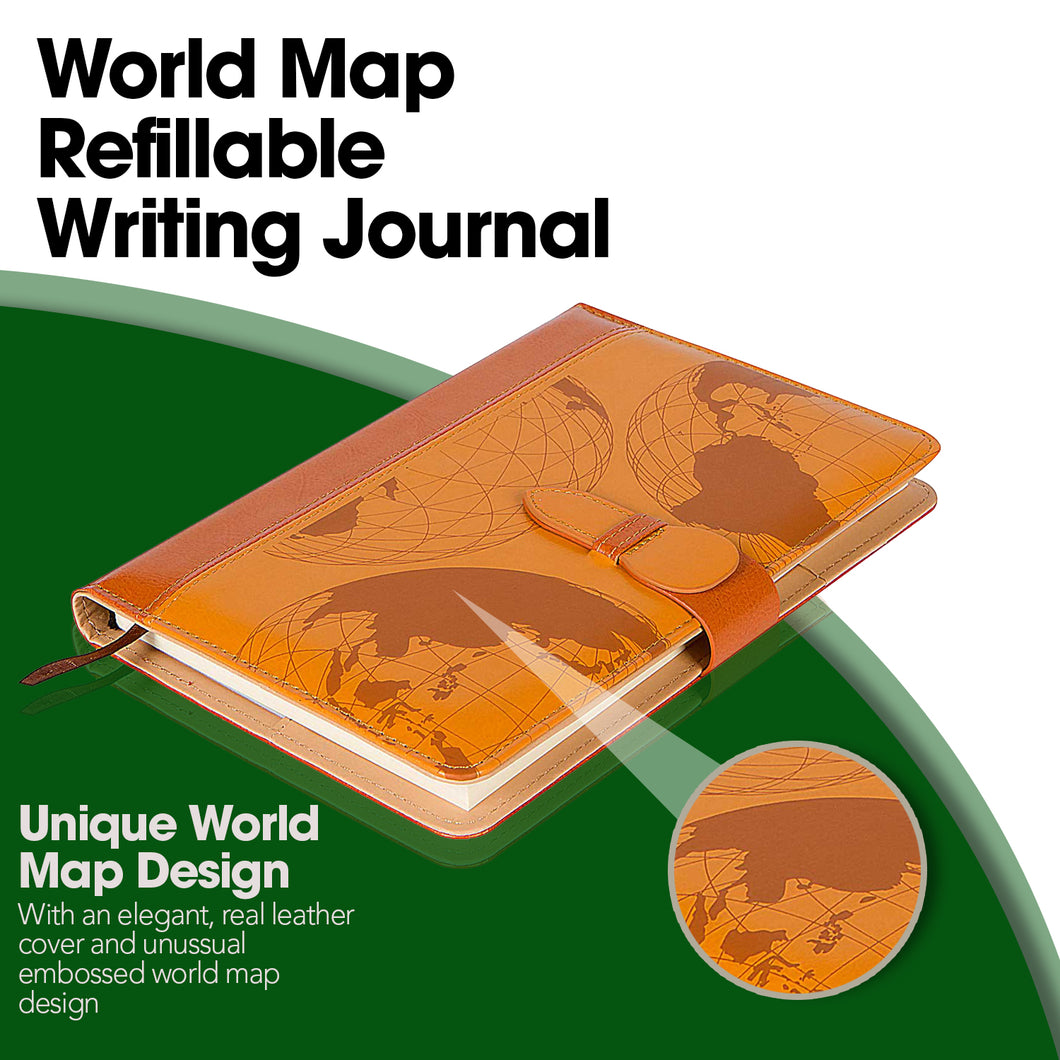 The World Map Journal | Strong Clasp, Refillable Journal, 5 x 8 Inch, 200 Pages | Diary, Notebook Journal, Personal Journal For Men or Women